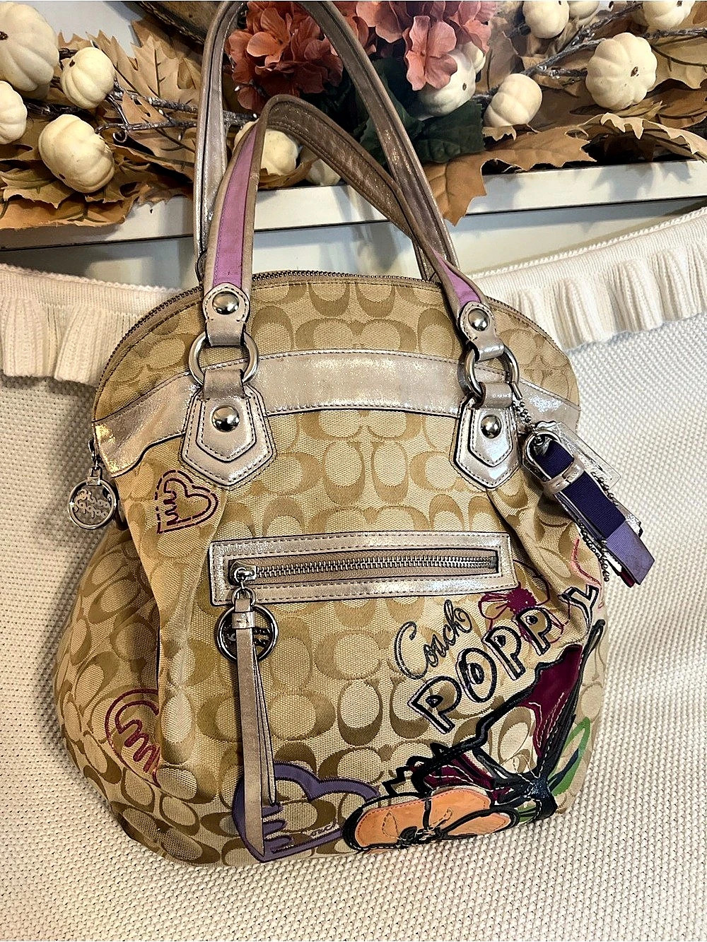 Coach Poppy Graffiti Applique Glam Tote Brown & Pink